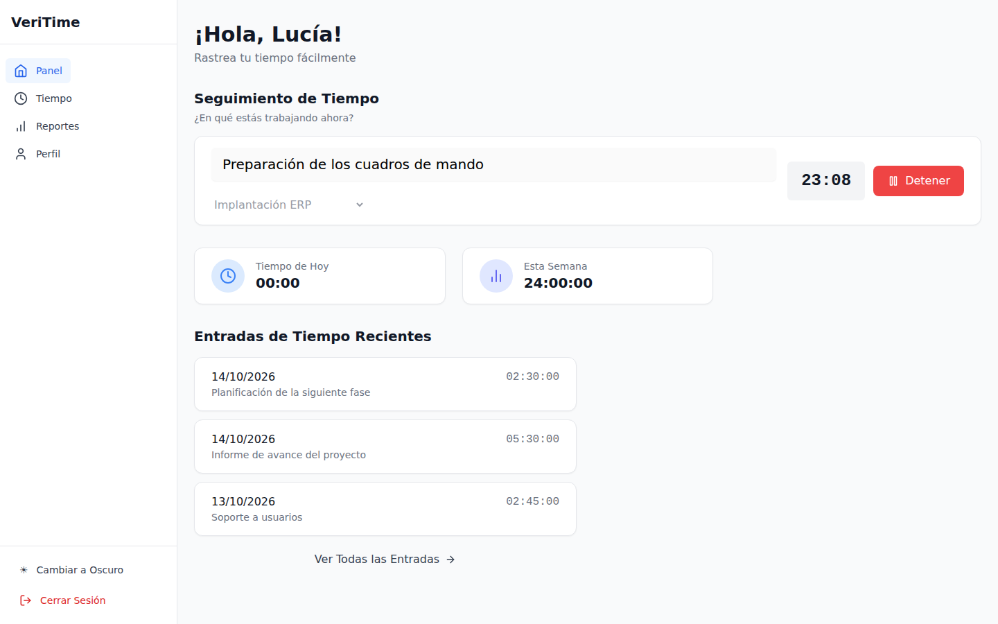 Panel principal de VeriTime con el cronómetro en marcha