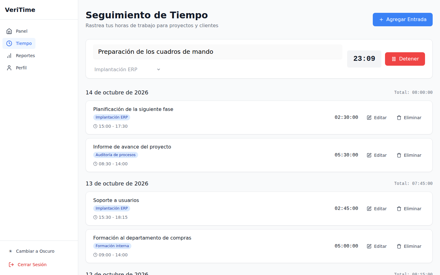 Página de seguimiento de tiempo con fichajes por día