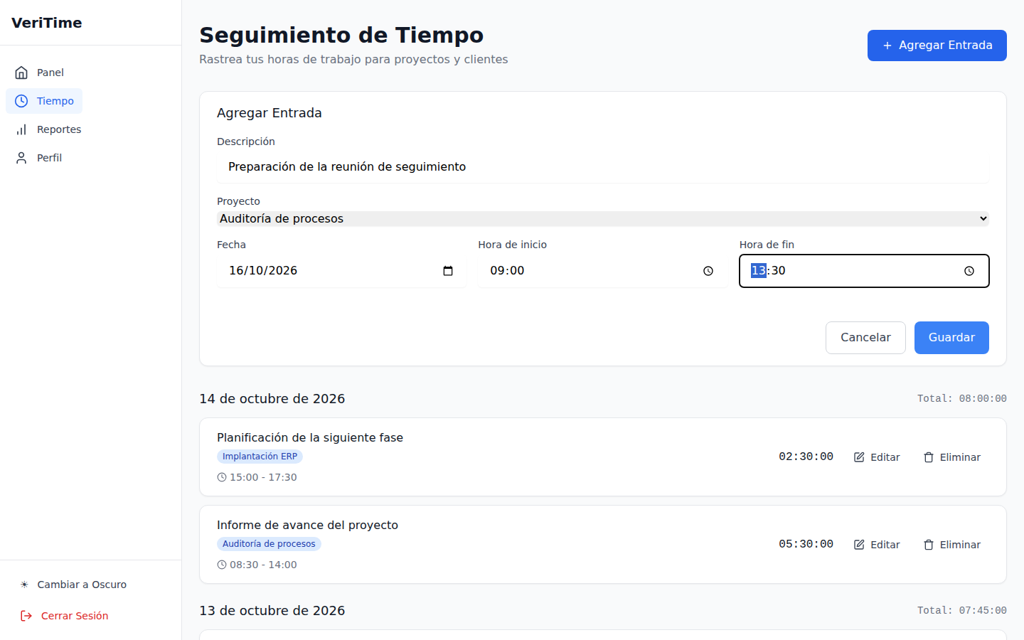 Formulario para agregar una entrada de tiempo