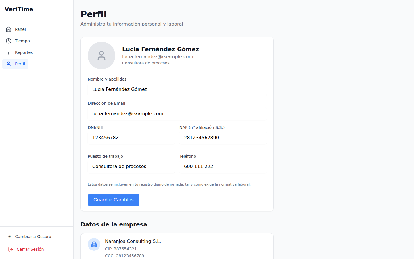 Página de perfil con datos personales y laborales
